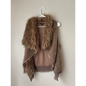 Double Zero Womens Medium Brown Faux Fur‎ Shaggy Vest Sleeveless Boho Chic